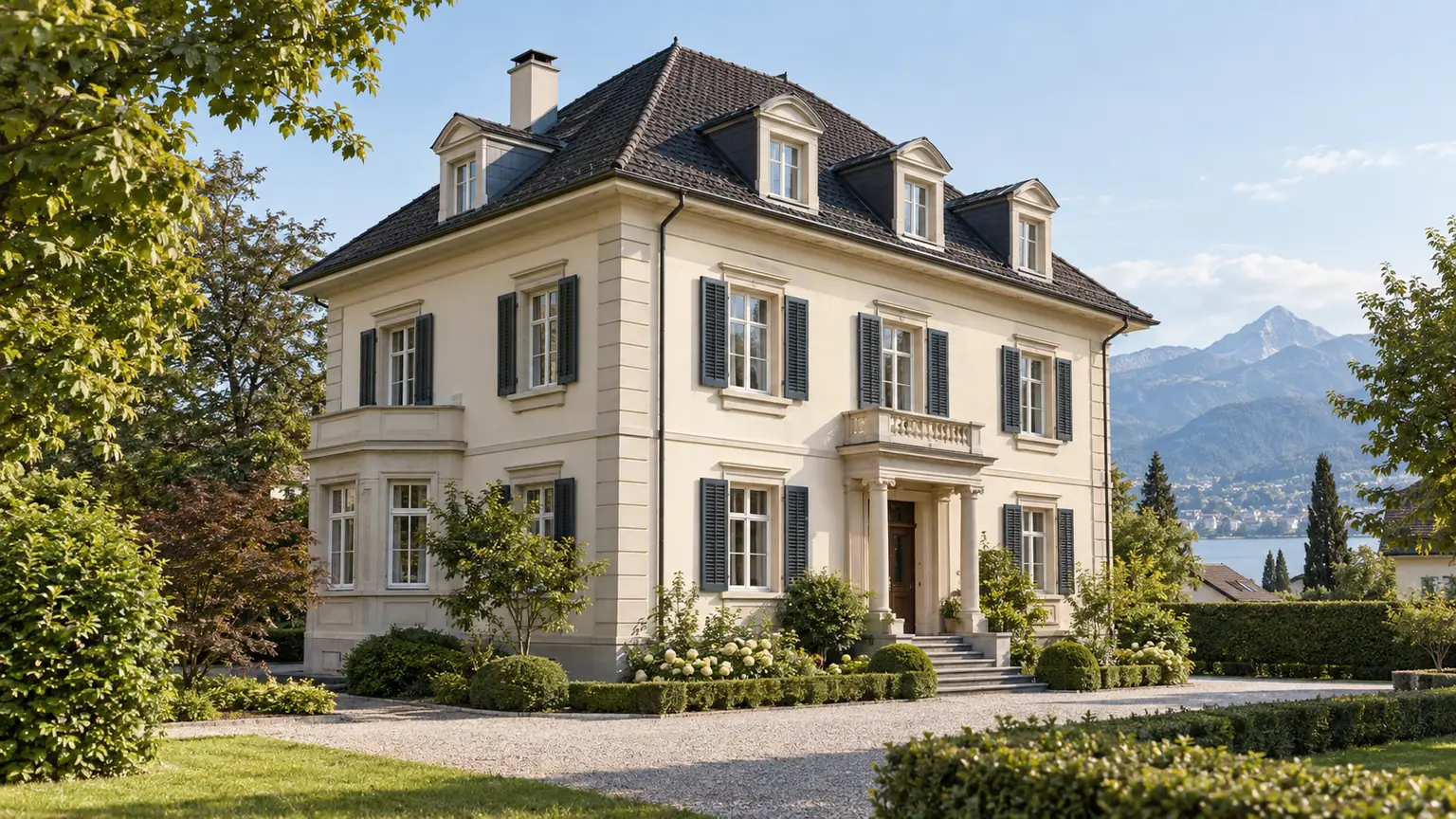Ein herrschaftliches Wohnhaus mit Garten vor einem See und Bergen.