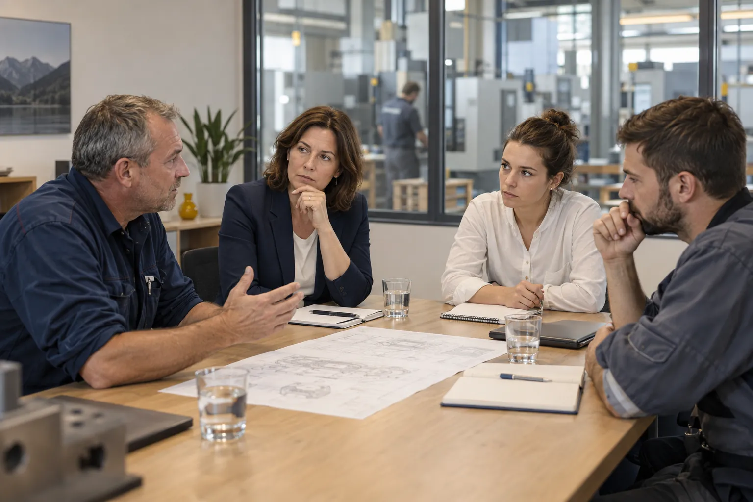 Vier Personen sitzen an einem Besprechungstisch in einem Industriebetrieb und hören einander zu.