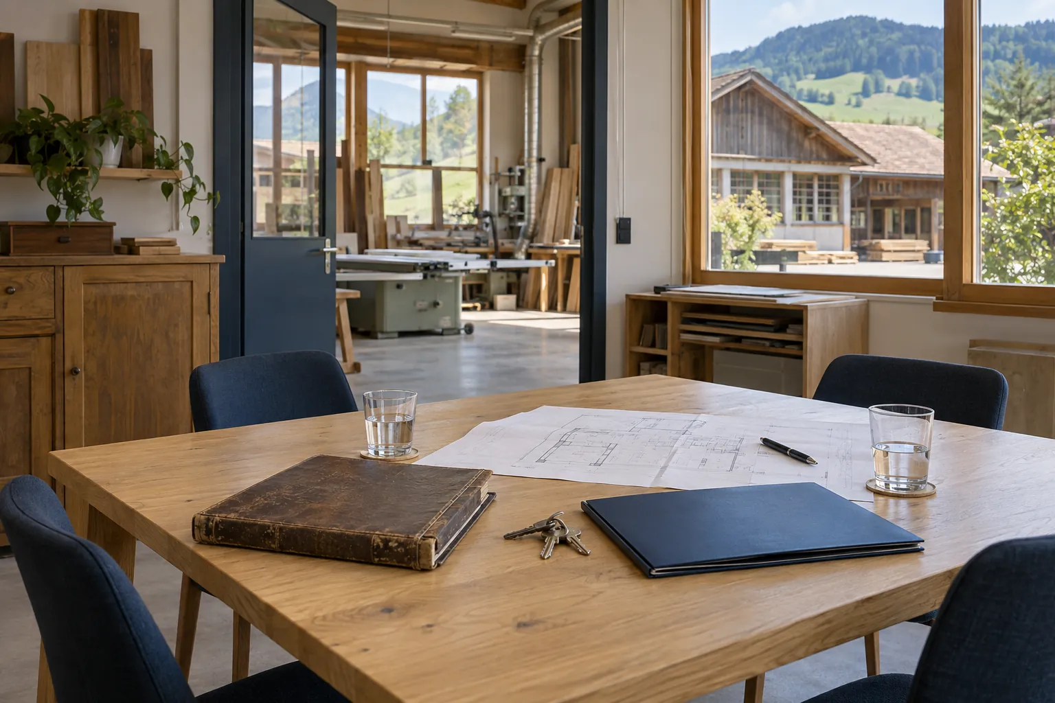 Ein aufgeräumter Besprechungstisch mit Plan, Mappe und Wassergläsern neben einer Schreinerei.